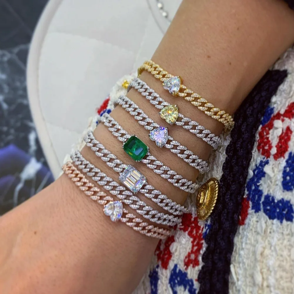 heart square cubic zirconia cz Miami cuban link chain women bracelet 2020 valentines gift wholesale