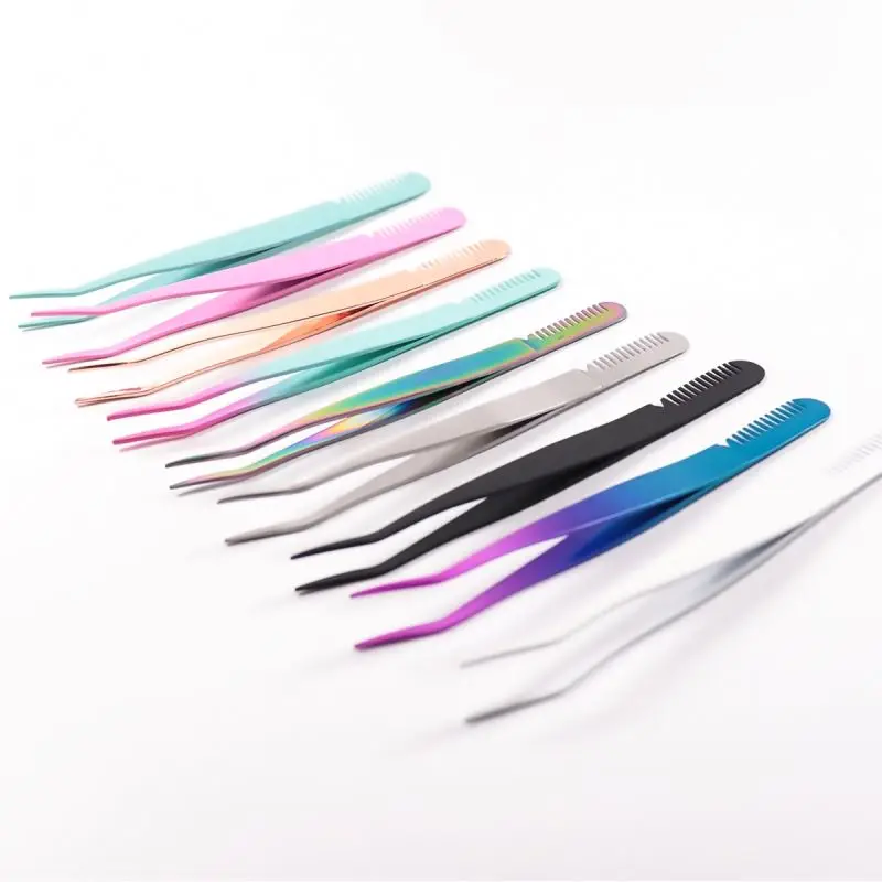 

Customized personalized eyelashes tool colorful high quality slanted black eyebrow tweezers with comb