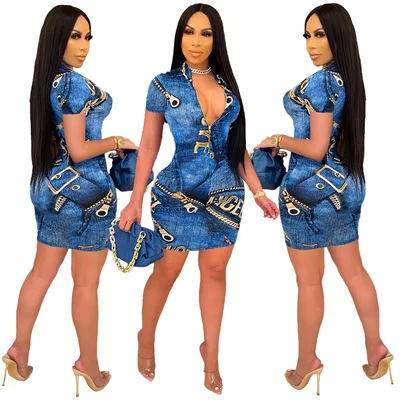 

B36001A 2021 Woman Sexy snake skin print summer denim casual dresses