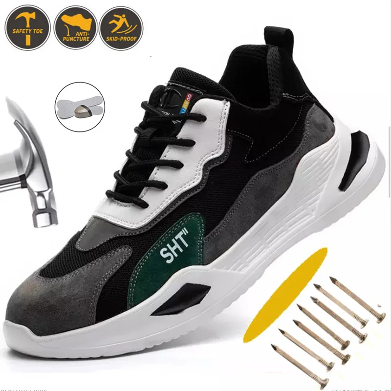 

Steel Toe Safety Work Shoes for Men Women Indestructible Slip Resistant Lightweight Construction Sneakers with Composite, Black white