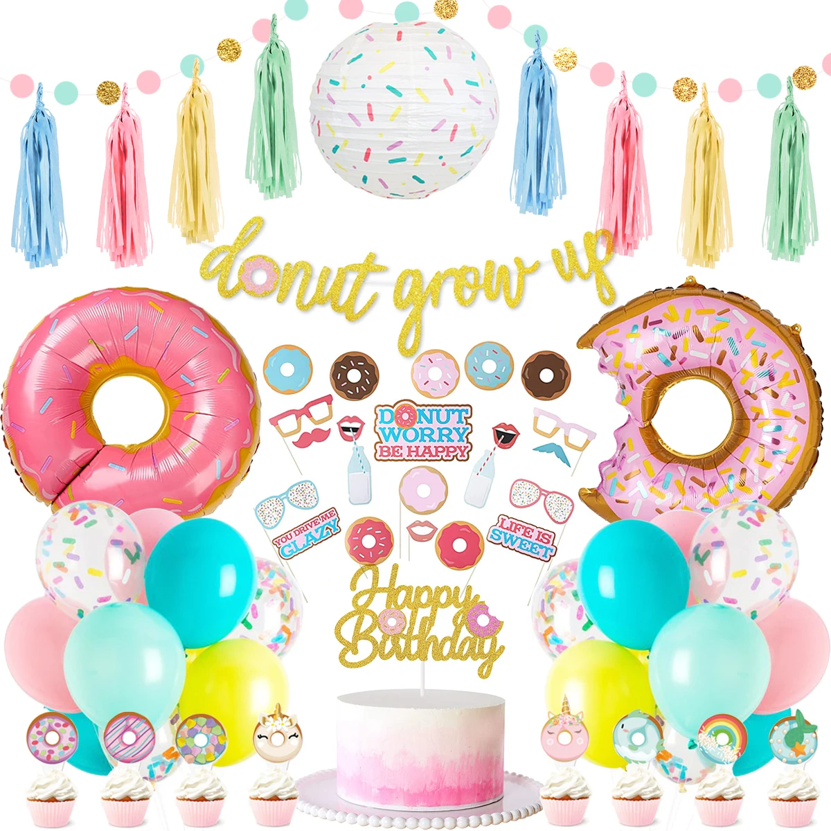 

Nicro Donuts Theme Birthday Party Decoration Donut Grow Up Banner Balloons Cake Topper Baby Girl Happy Birthday Party Supplies