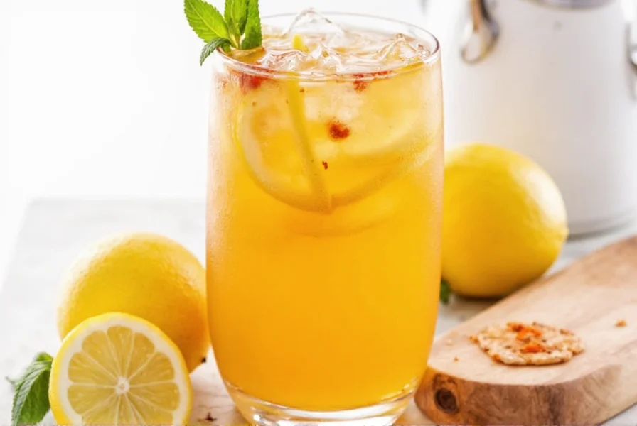 Fresh cayenne pepper lemonade in a glass with lemon slices and cayenne pepper flakes on wooden table
