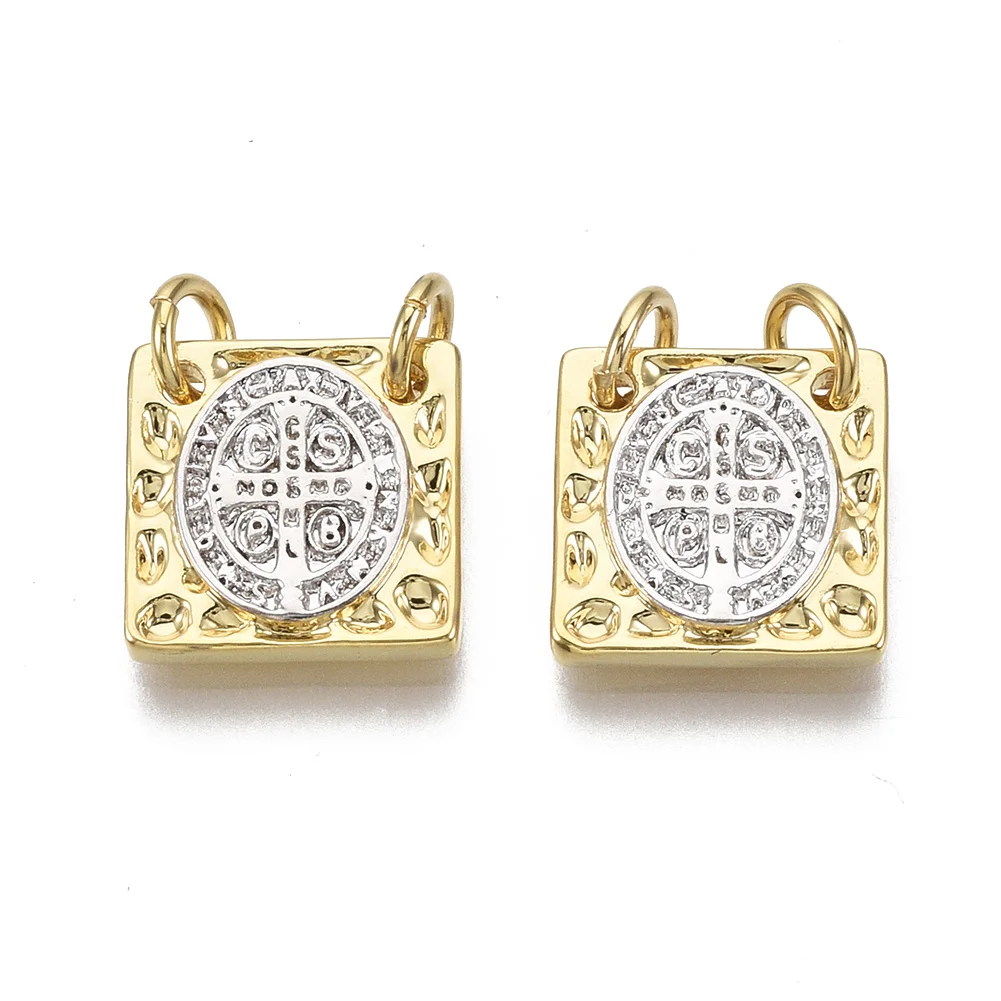 

Pandahall Square with Saint Benedict Jump Ring Brass Charms, Platinum & golden