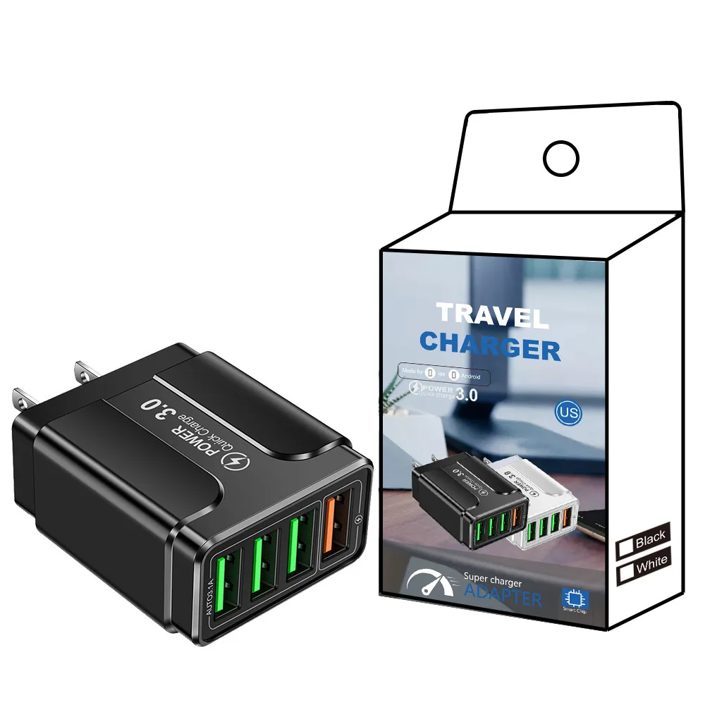 

2022 EU US UK regulation travel flash mobile phone charger head 4usb QC3.0 fast charge charger, Black white