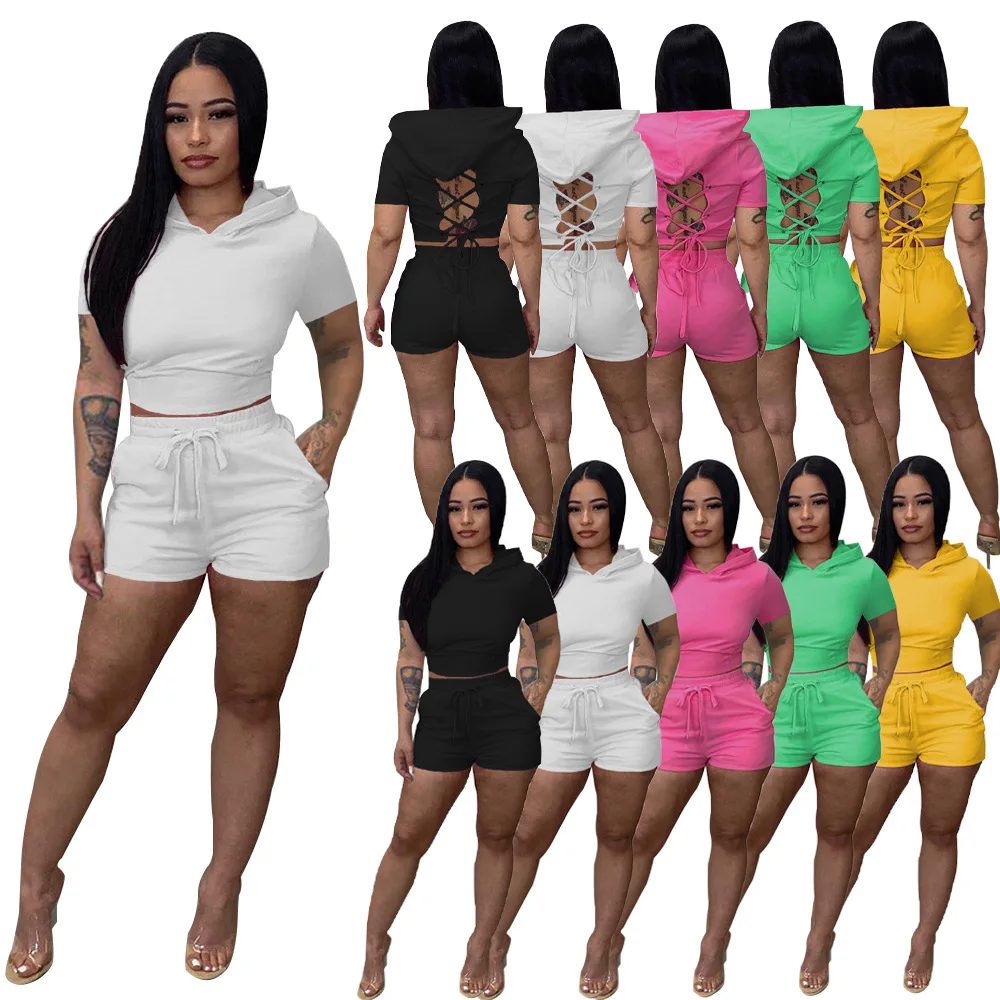 

2022 Eyelet strap hollow out sexy solid color sports suit women 2 piece sets, 3 color