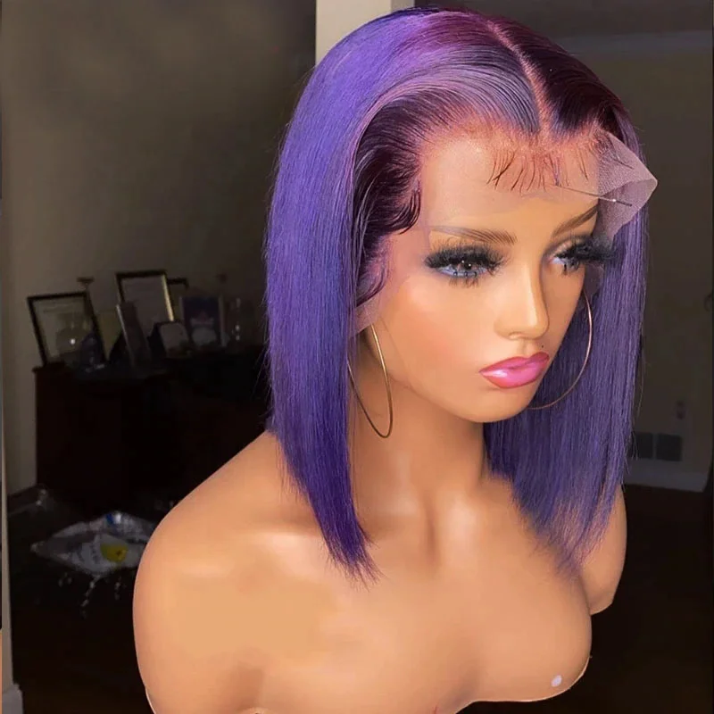 

Purple Colored Bob perruques-naturel cheveux humai Natural Hairline Brazilian Lace Wigs Short hd bob wigs