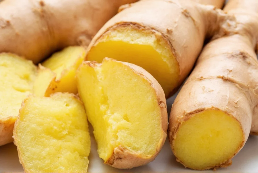 Fresh ginger root with sliced pieces showing fibrous interior and close-up of ginger compounds