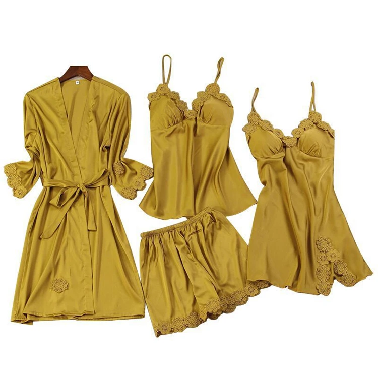 

Four Pieces Sets Lace Satin Loungwear Flower Summer Bridal Robe Silk Nighties For Women Nighty Dress Night Gown