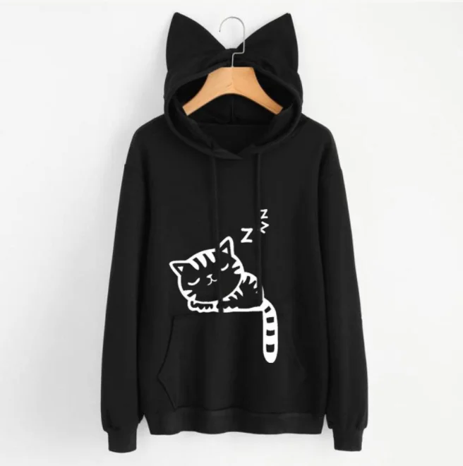
Loose fleece printed cat animal print hooded sweatshirt 