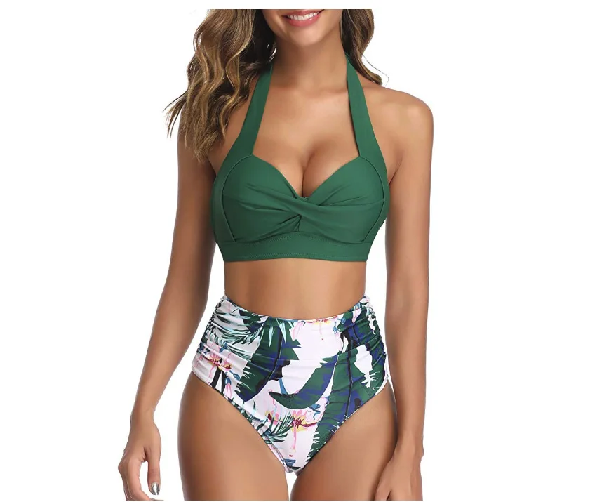 

Sexy Women Vintage Swimsuit Halter Strap Bra Two Piece Retro Halter Ruched High Waist Print Bikini Set, Red /green/black + coconut/black + green leaves