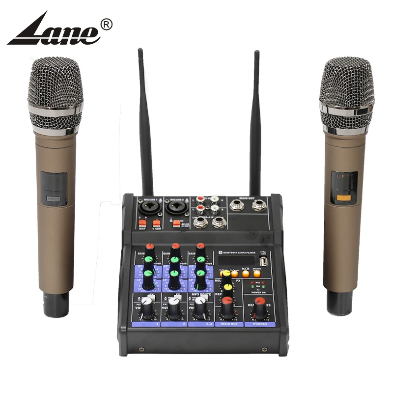 

lane oem professional 4 ch audio mixer with wireless microphone, Black