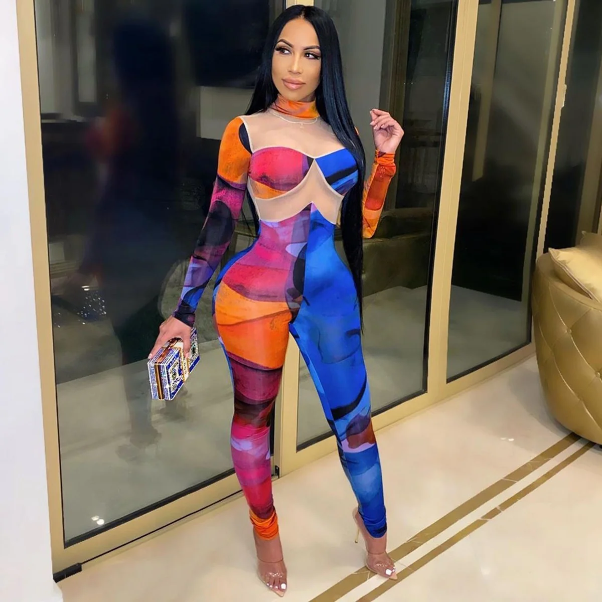 

B63670A Hot sale of Europe and the United States autumn winter fashion sexy print gauze jumpsuit, As picture