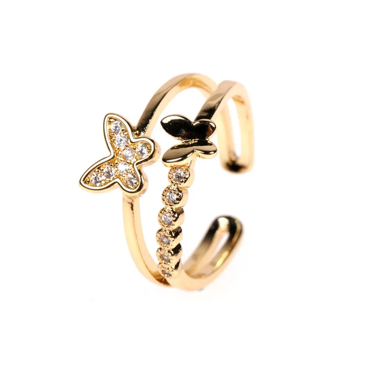 

Amazon Hotselling Butterfly Open Rings Girls Double Layer Crystal Rhinestone Butterfly Finger Ring, Picture