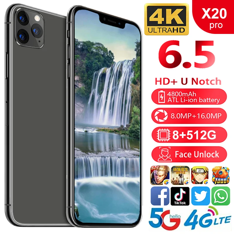 

2021 New Model 6.5 Inches Android Mobile Phone with Face Recognition and Finger Print Unlock for Iphone, White,black,gold,green