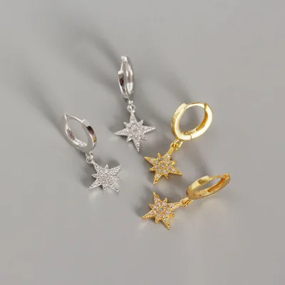 

925 Sterling Silver Rhinestone Star Drop Circle Clip On Earrings Exquisite CZ Paved Star Dangle Earrings for Women