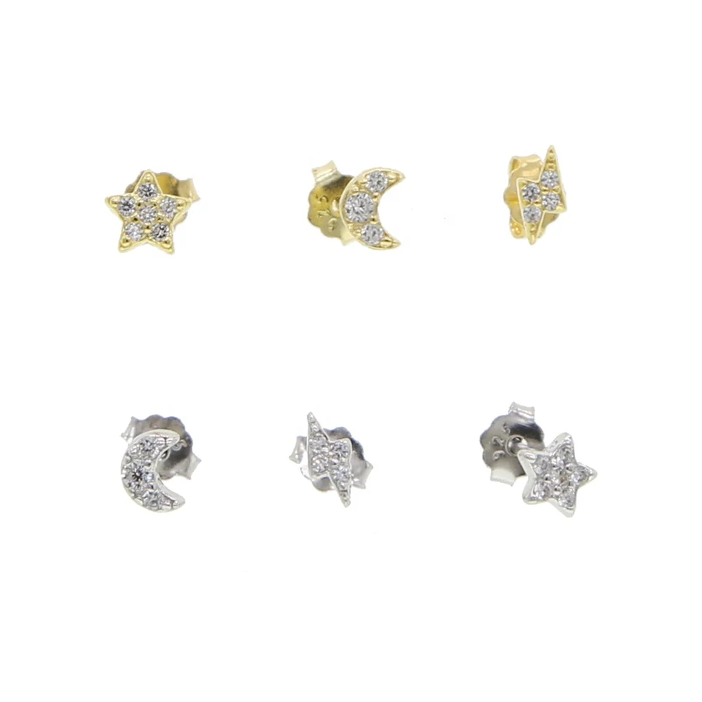 

minimalist 3pairs/set decliate simple mini small stud earrings 100% 925 sterling silver moon star lightning bolt cz earring