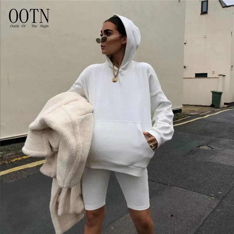 

OOTN 2 Piece Set Fashion Solid Autumn Co Ord Women Sweatshirt Hoodie And Biker Shorts Sweat Suits Long Sleeve Suit Sets