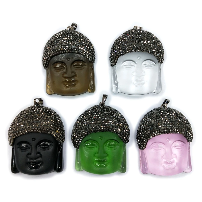 

Natural carved happy buddha head pendants rhinestone paved buddhist jewelry boho gemstone buddhism crystal pendant for necklace, Multi goddess pendant