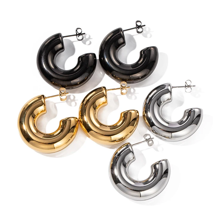 

G2121 Earring Stainless Steel PVD 18K Gold Plated Statement Thick Hollow CC Shape Hoops Jewelry Wide Tube Chunky Hoop Earrings