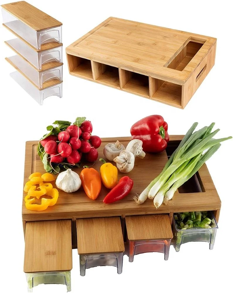 

Bamboo Cutting Board With Trays and LIDS. Multi-functional: 4 draws can be used as PREP DISHES or for STORAGE