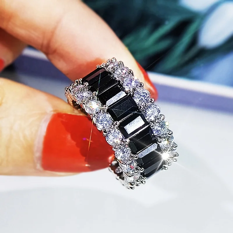 

New Arrival Hot Sale Luxury Jewelry Princess Black Sapphire Diamond Party Eternity Women Wedding Ring, Picture shows