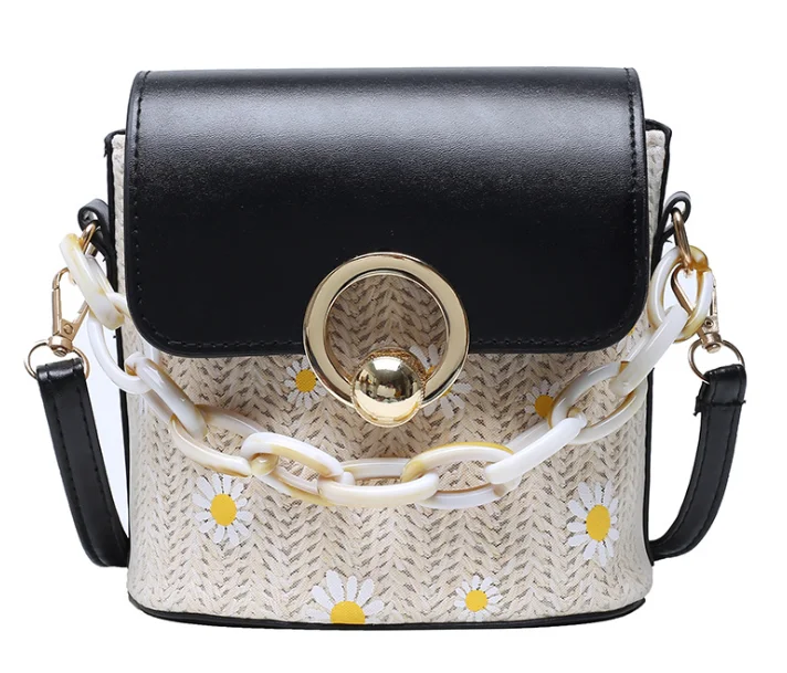 

New fashion PU leather small daisy messenger bag straw woven bucket bag, Various