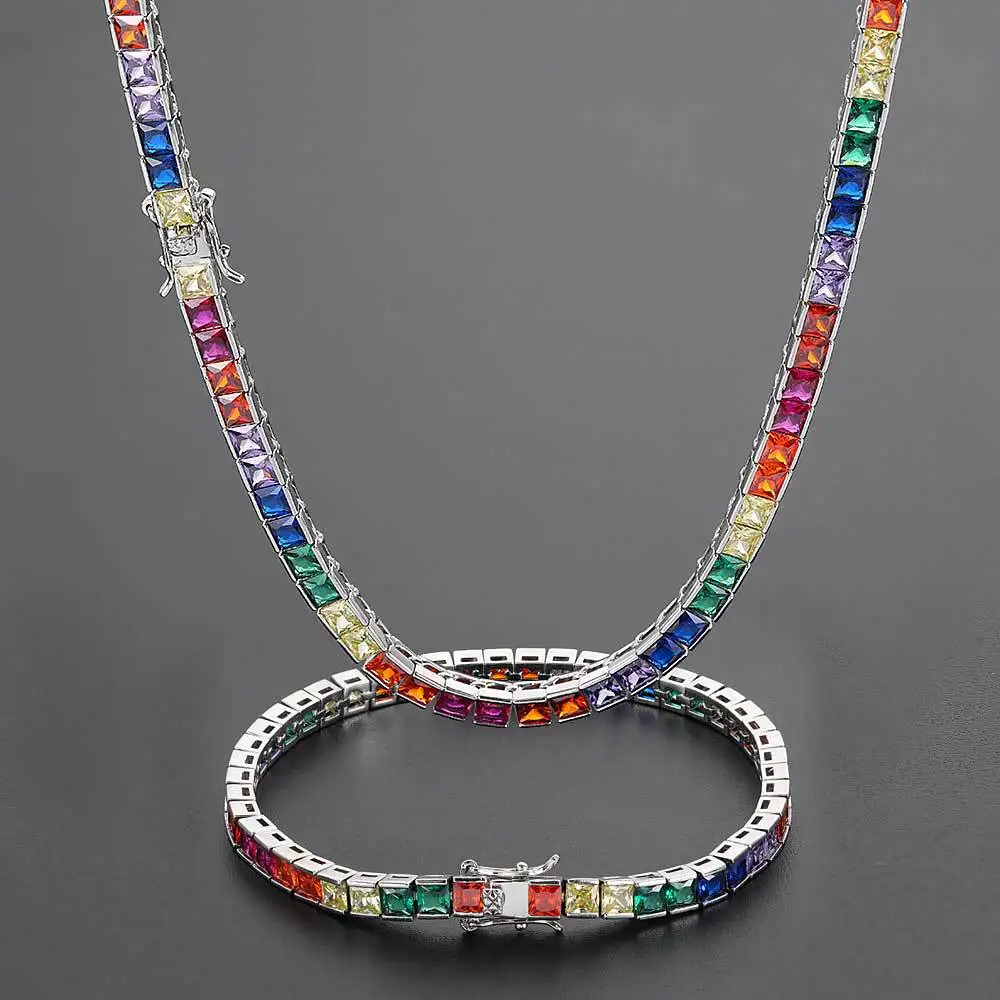 

4mm Rainbow Colorful Gold Plated 3A CZ Diamond Tennis Necklace bangle Set Jewelry Tennis Chain, Gold,silver
