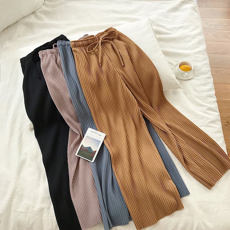 

2020 fashion solid high waist pleated wide leg pants for women, 9 colors