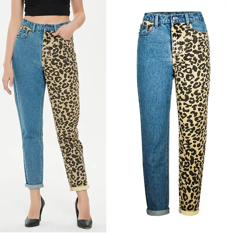 

Women Monogrammed Patchwork Stretch Skinny Leopard Straight Denim Jeans, As picture show, customized