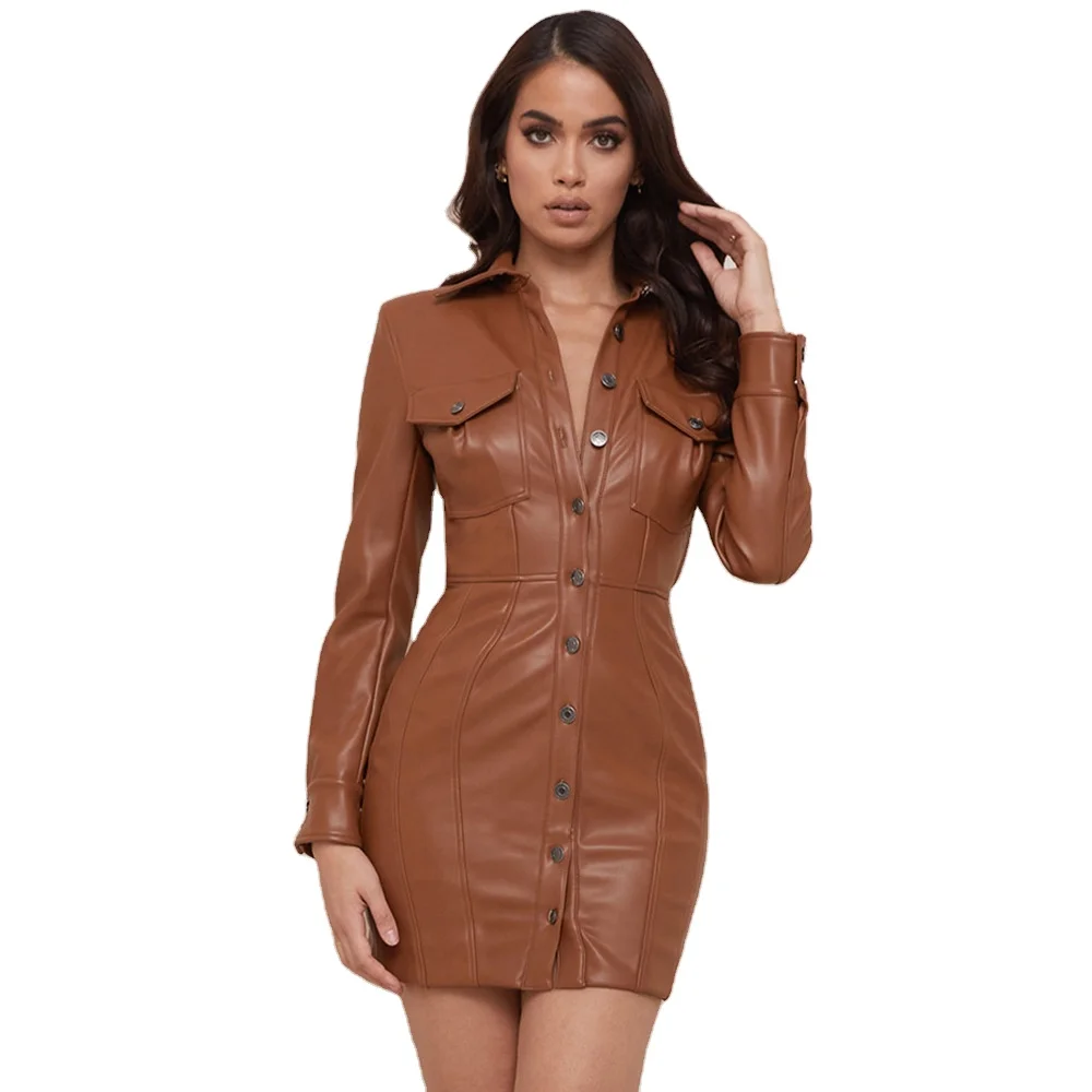 

Mini Brown Bodycon Ladies Vintage Leather Women Dresses, Shown