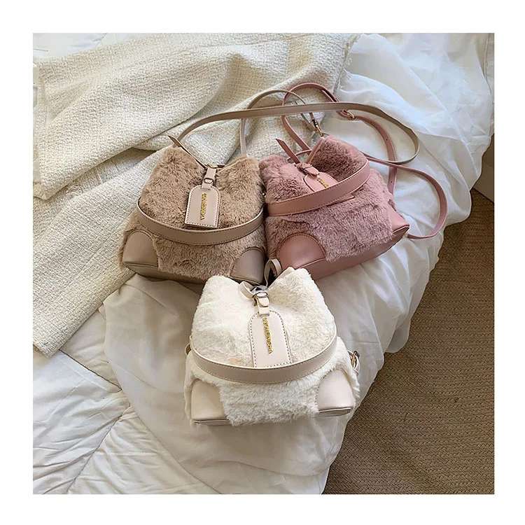 

Solid Color Drawstring Soft Plush Small Crossbody Bags High Sense Winter Ladies Faux Fur Bucket Bag Furry Warm Shoulder Handbags