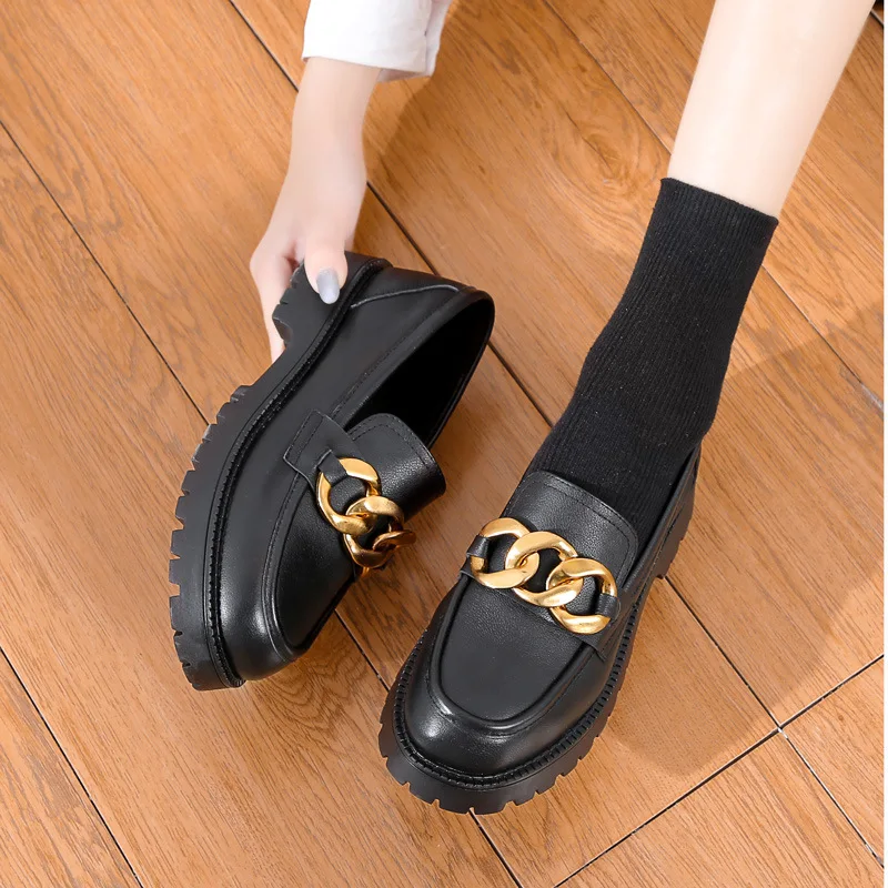 

TX new arrival ladies thick soles slip on retro preppy genuine leather chunky loafer women's flat cowhide dress shoes, Color matching and customized