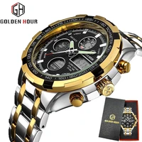

GOLDENHOUR 108 Steel Business Men Watches Fashion Men Quartz Watch Date Week Display Wristwatch Analog Waterproof Male Clock
