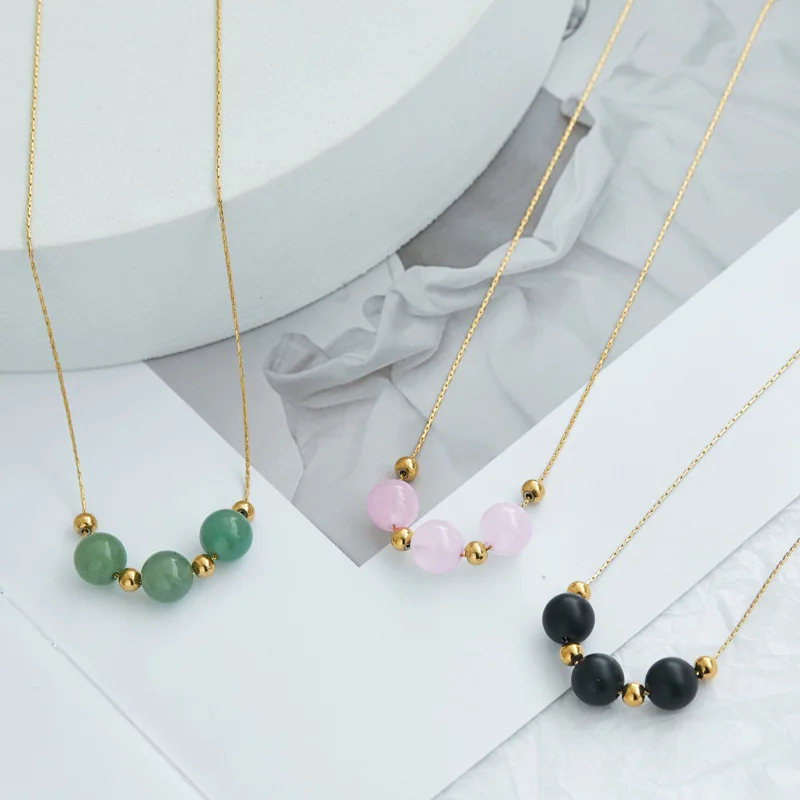 

Lucky Jewelry 18K Gold Titanium Steel Natural Jade Beads Necklace 316L Stainless Steel Pink Crystal Smile Necklace