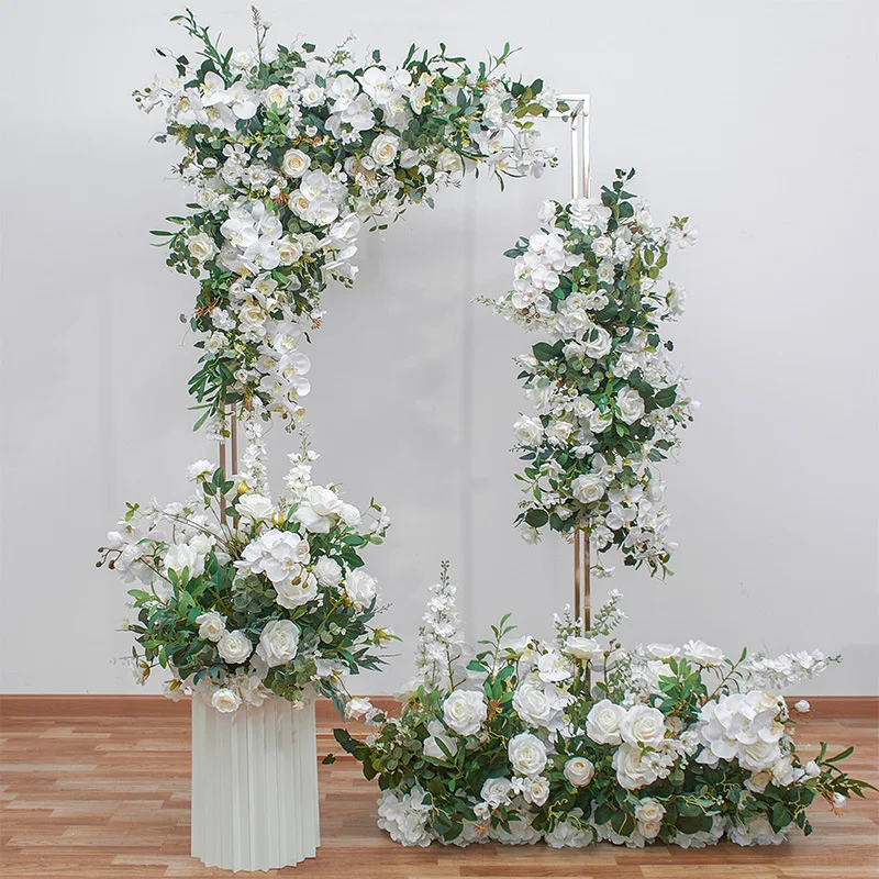 

2023 New White Green Phalaenopsis triangles Centerpieces Arch Flower Table Runner Artificial Corner Flower For Wedding Backdrop