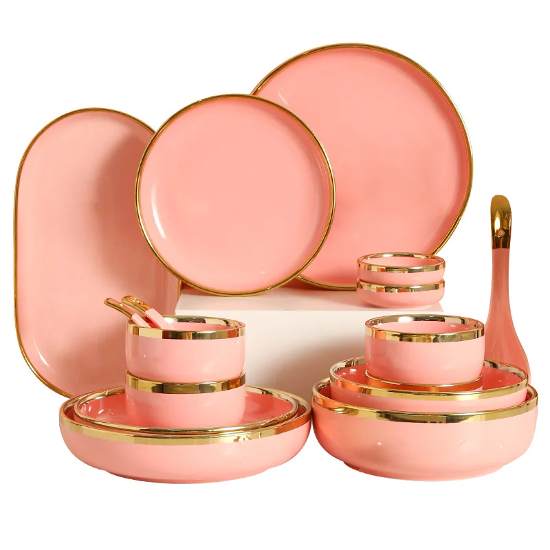 

Western style black with golden rim plate bowl dishes spoon pink ceramic tableware set