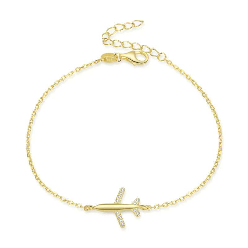 

18k Gold Plated Sterling Silver Cute Delicate Fly Plane Adjustable Charm Link Bracelets Airline Jewelry Christmas Women Girls