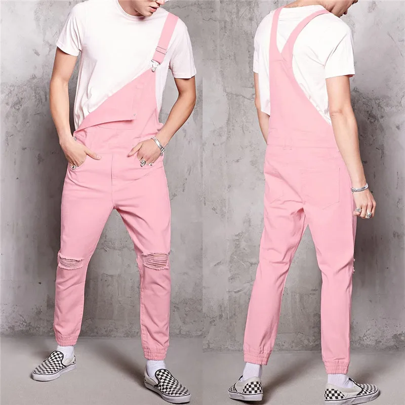 

Pink retro men's denim ripped shorts one-piece overalls, Customized color
