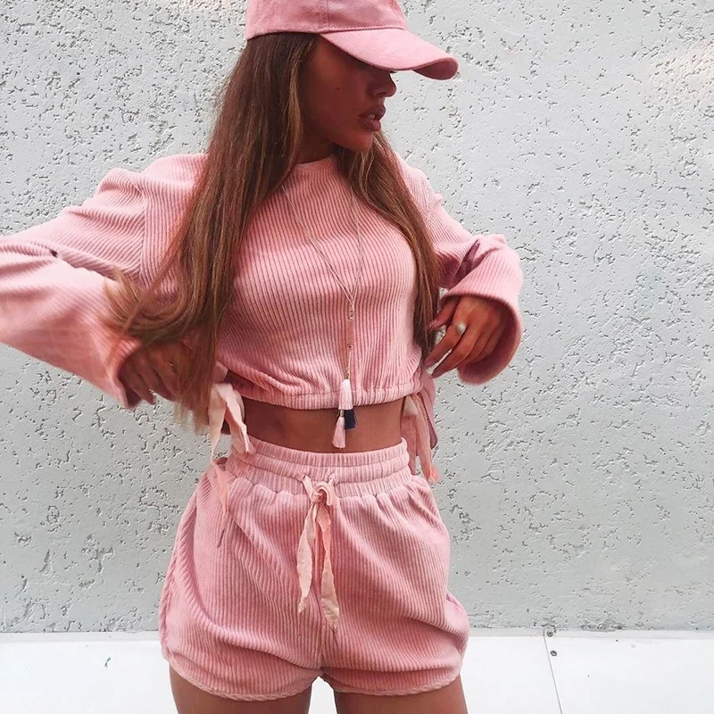 

B23725A Woman Autumn Hot style casual fashion suit pink corduroy shorts 2pcs Sets