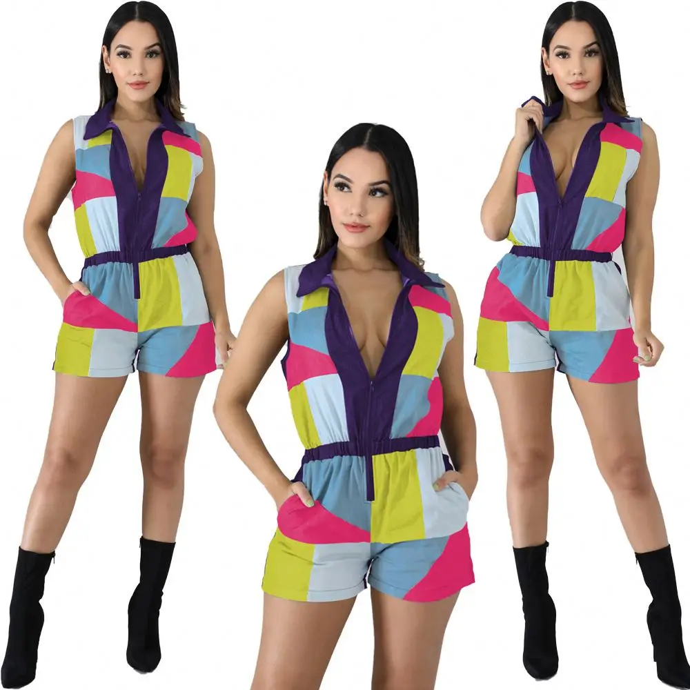 

Bodycon summer one piece short colorful clothes rompers and color block jumpsuit shorts 2021 bodysuite outfit for women set