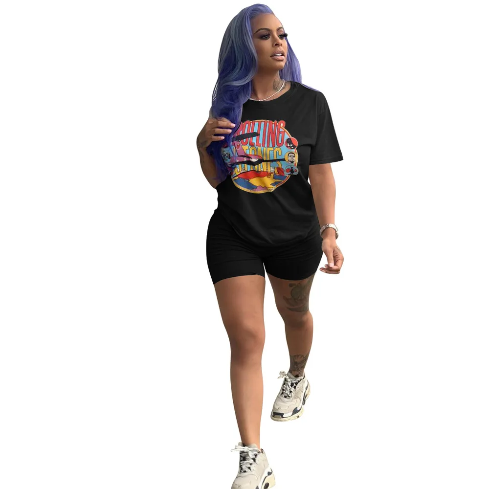 

Summer Sexy Round Neck Streetwear Sports Leisure Suit Ladies Two Piece Short Set Women Clothing GAO