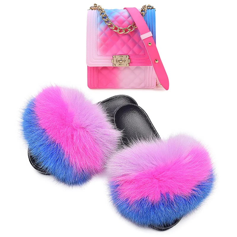 

Furry Logo Custom Slippers 2 pieces Set Jelly Handbag Pink Large Fur Slides and Purse Sets