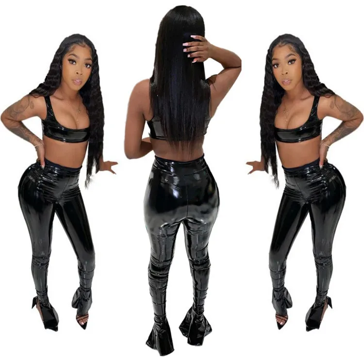 

MIYU 2021 Hot Leather Trousers Shiny Leather Pants Spring Leggings Crop Top Split Bottom 2 Piece Set Stacked Pants For Women