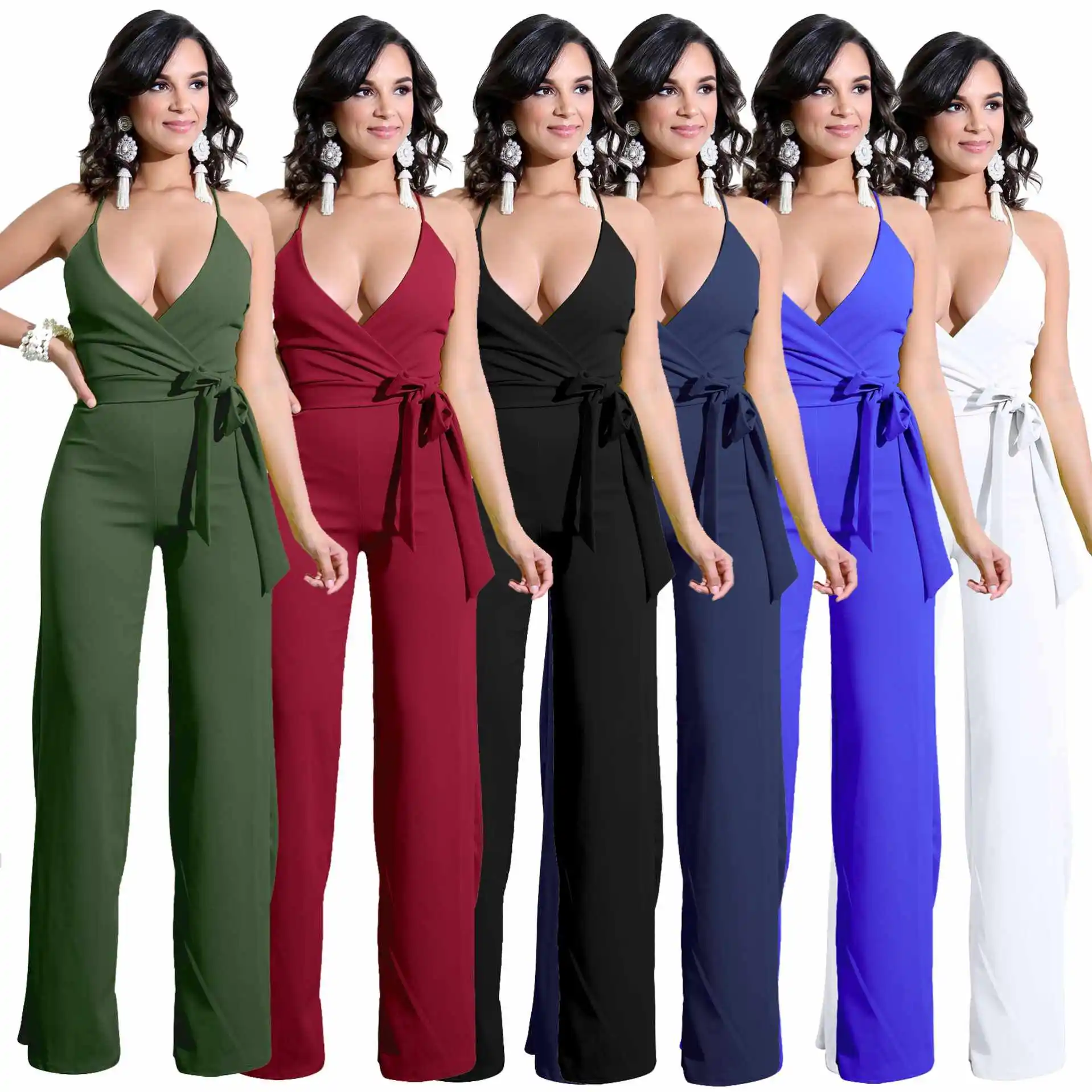 

LDDRESS Newest Sexy Candy Color Women Jumpsuit Lady Pants V neck Straight one piece Bodysuit Romper, As shown