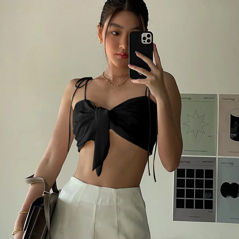 

2021 women small fresh new spring V neck tie strapless lace up sexy lingerie, Black