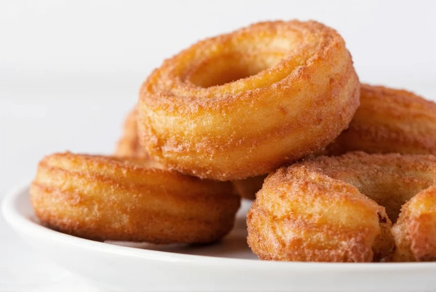 Step-by-step visual guide showing piping choux pastry for cinnamon churros into hot oil with proper temperature