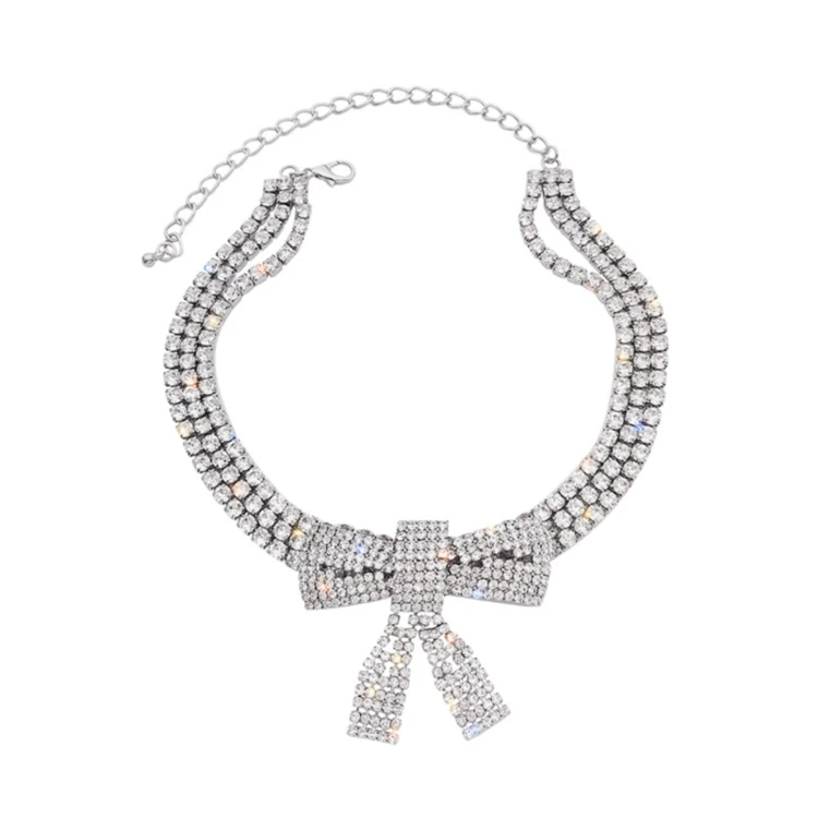 

Custom Made Luxury Alloy Material Full Diamond Big Bow Pendant Necklace Choker for Women