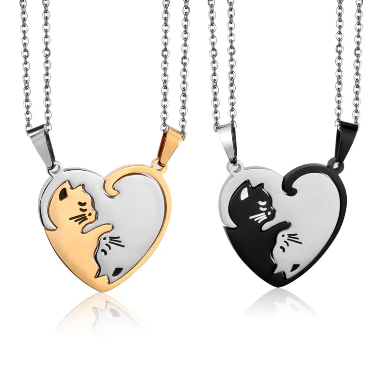 

Valentine's Day Jewelry Double Cat Heart Pendant Necklace Heart Shaped White Black Animal Cat Clavicle Necklace For Couple