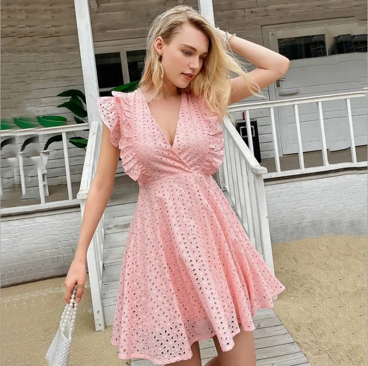 

best-selling cross V-neck dress continuously empty lotus leaf sleeve in spring 2021 mid-long waist slim women