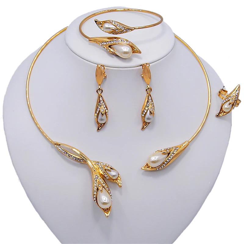 

Yulaili Women Dubai Gold Plated 18K Jewelry Sets With pearl Shiny Bridal Nigerian Wedding African Jewelry Set Costume 4PCS